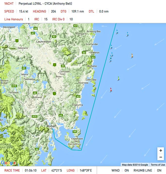 Tracker positions at 1900 on December 27, 2016 © Rolex Sydney Hobart Yacht Race